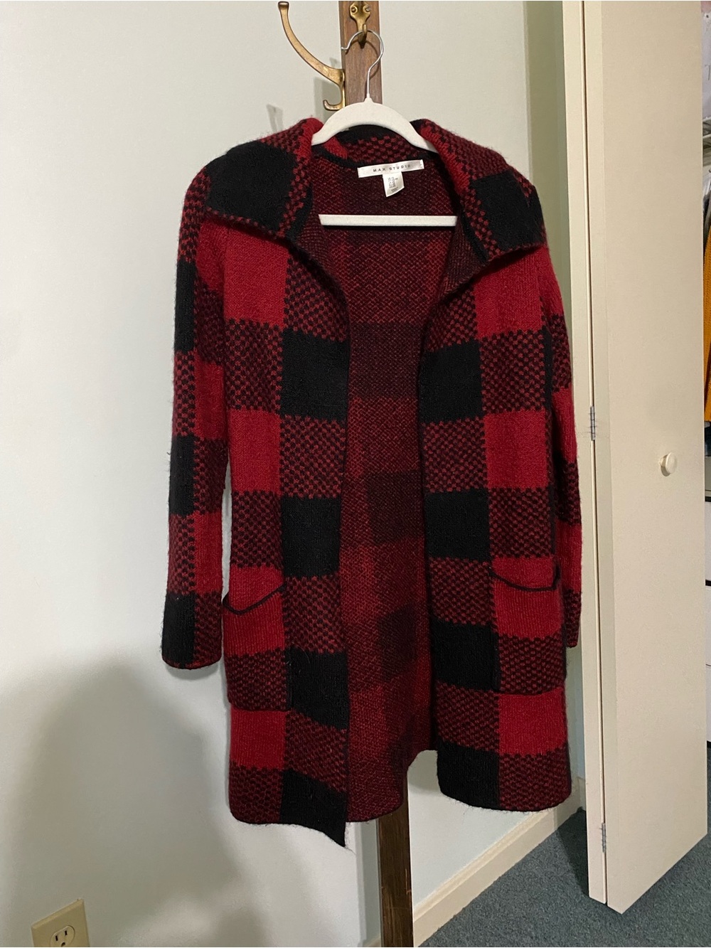 Max Studio Red and Black Buffalo Check Open-Front Cardigan